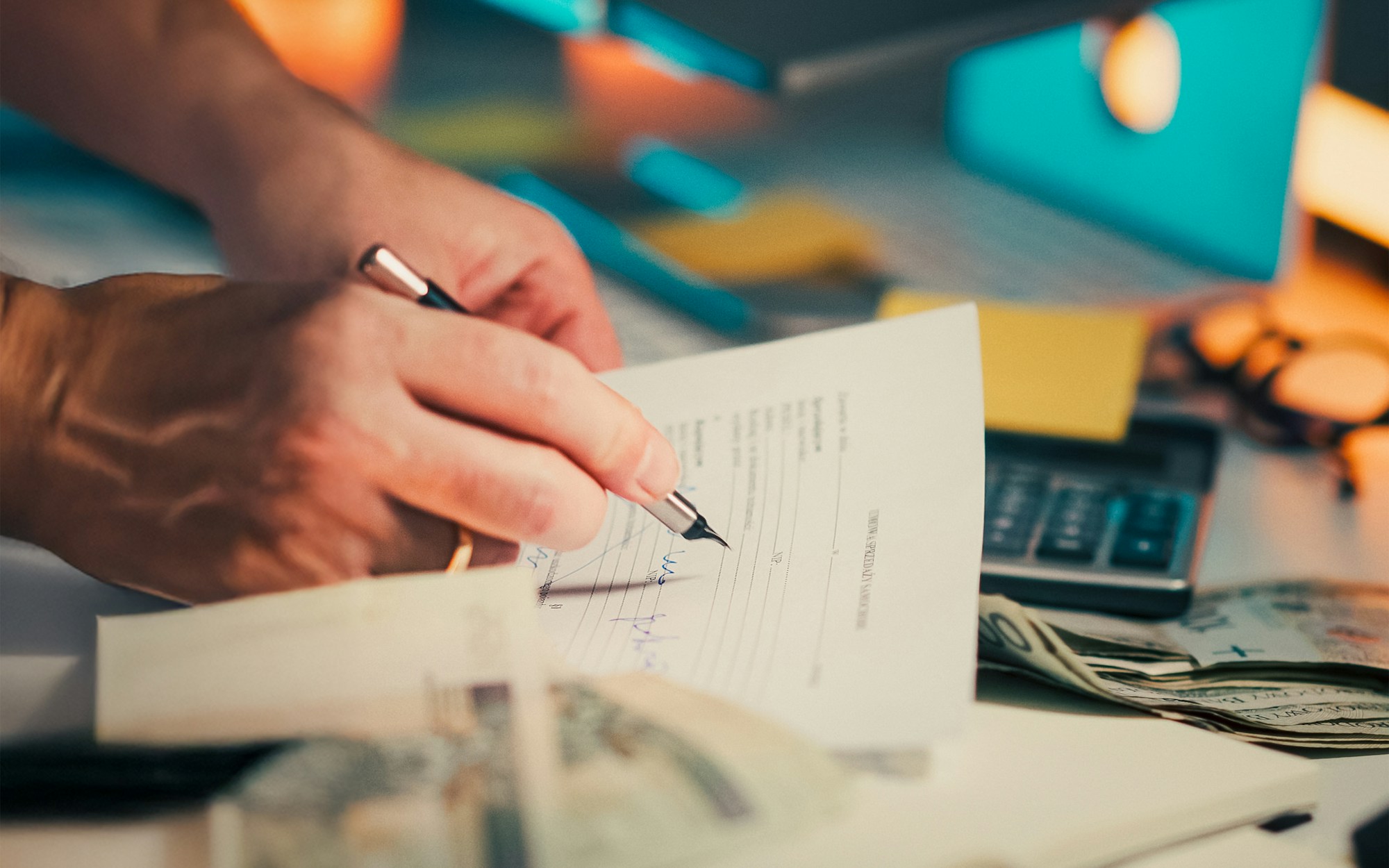 Close-up of hands signing legal property documents, representing due diligence and title verification before a second-home purchase