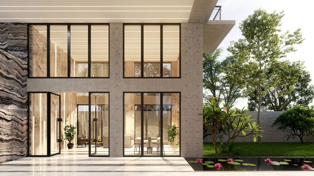 Minimalist modern private estate with floor-to-ceiling glazing and landscaped grounds, the quiet-luxury real estate now treated as an alternative asset by HNI investors